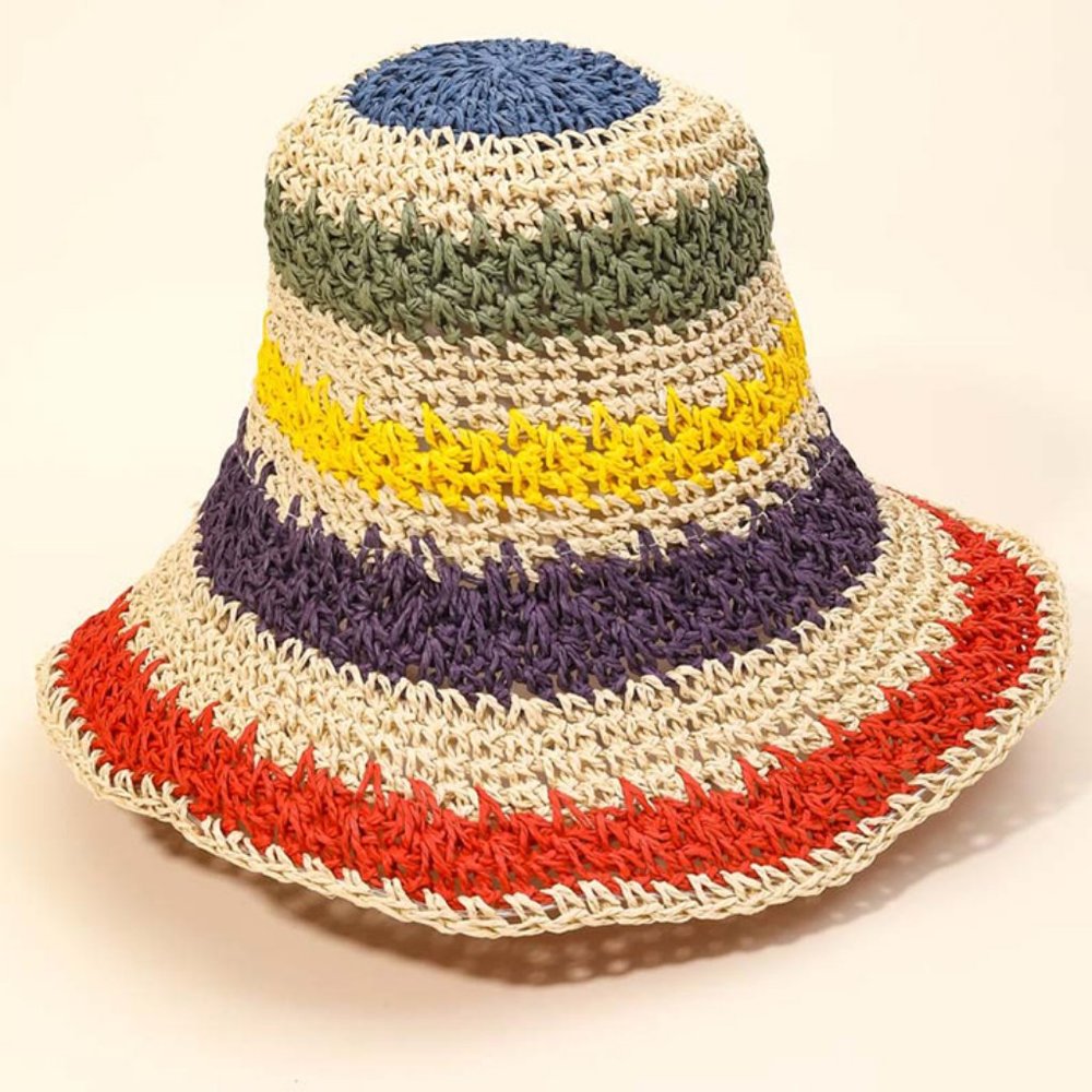 Colorful Rainbow Striped Natural Straw Bucket Hat - Picture 2 of 5